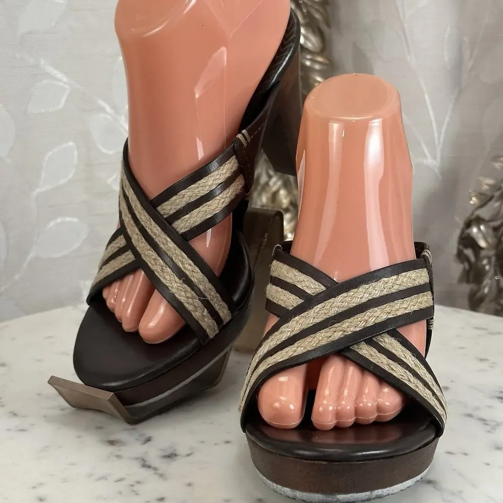 Cole Haan Brown Leather Raffia Woven Straps Wooden Platform Block‎ Heel Sandals